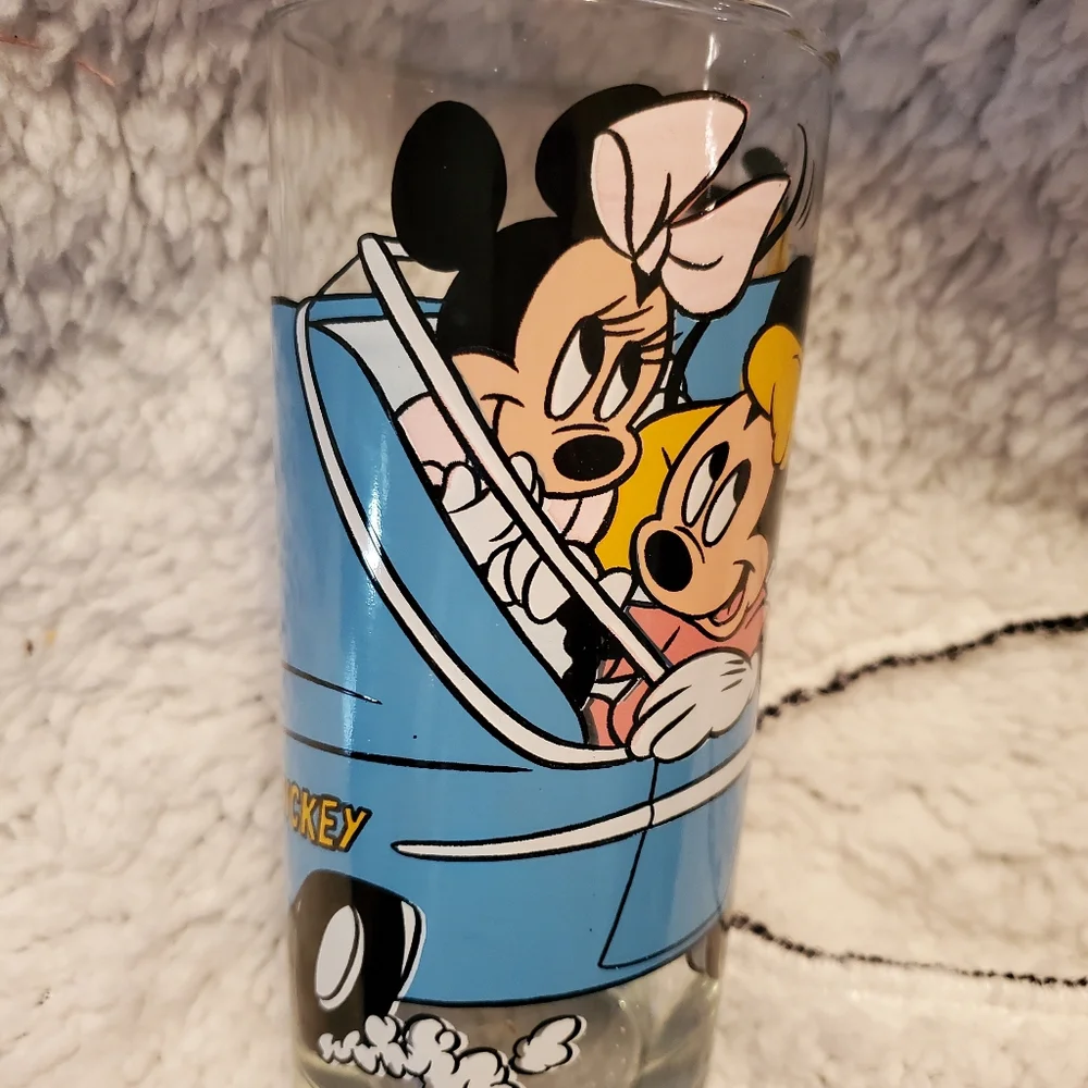 Disney Mickey Mouse Drinking Glass Cup VINTAGE Minnie Pluto Car